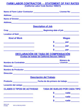 California Farm Labor Contractor Statement of Pay Rates Poster