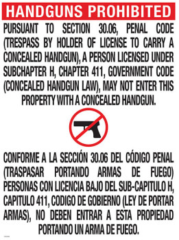 Texas Open Carry Sign (30.06)
